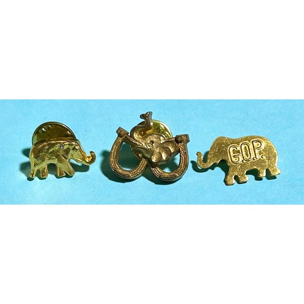 3 GOP Elephant Pins  1968 GULF OIL Elephant -+- 2 Republican Campaign Pins